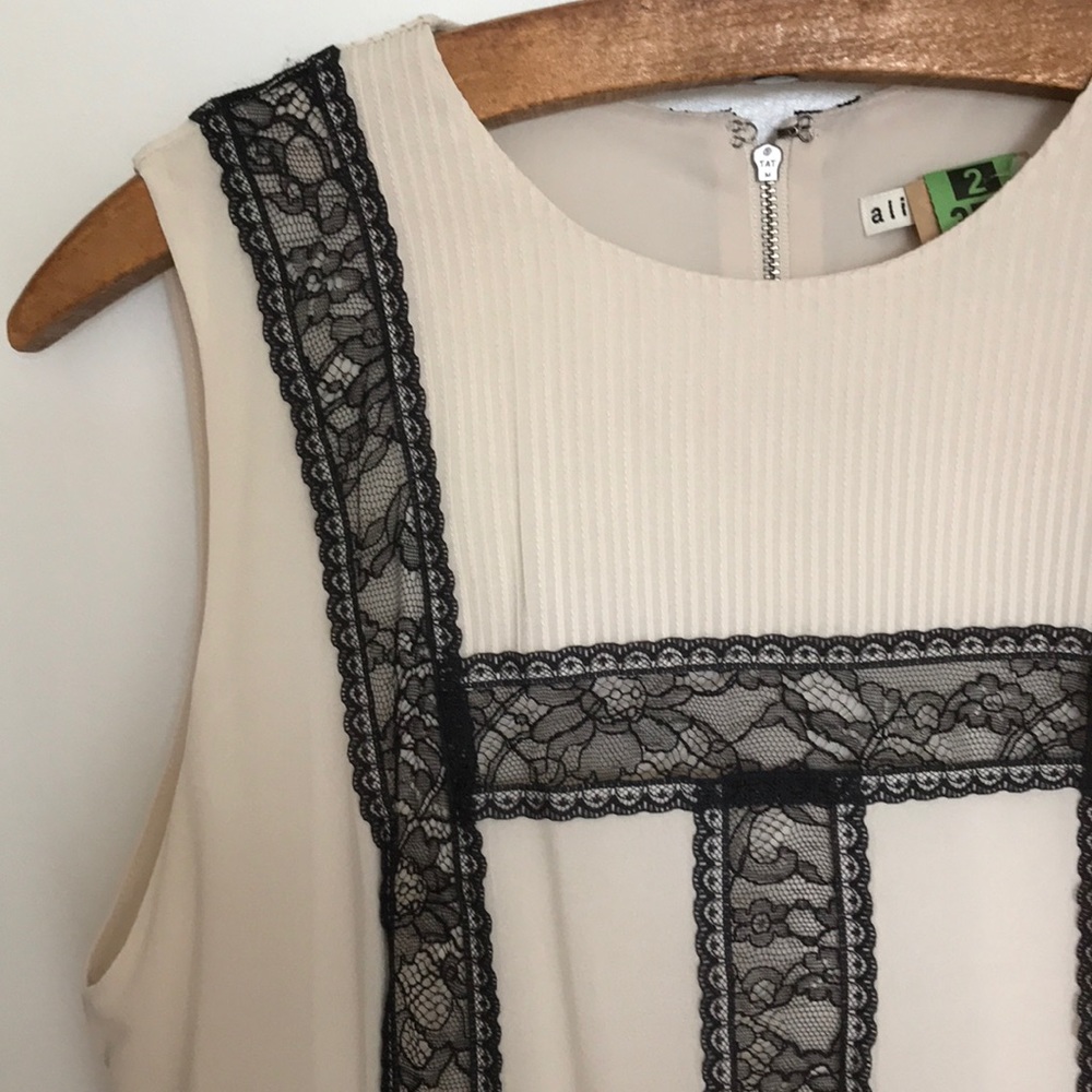 Alice + Olivia Cream Silk Black Lace Shift Dress